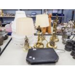 A PAIR OF BRASS BASED ELECTRIC TABLE LAMPS AND 3 OTHERS AND A BOX OF CUTLERY (5)