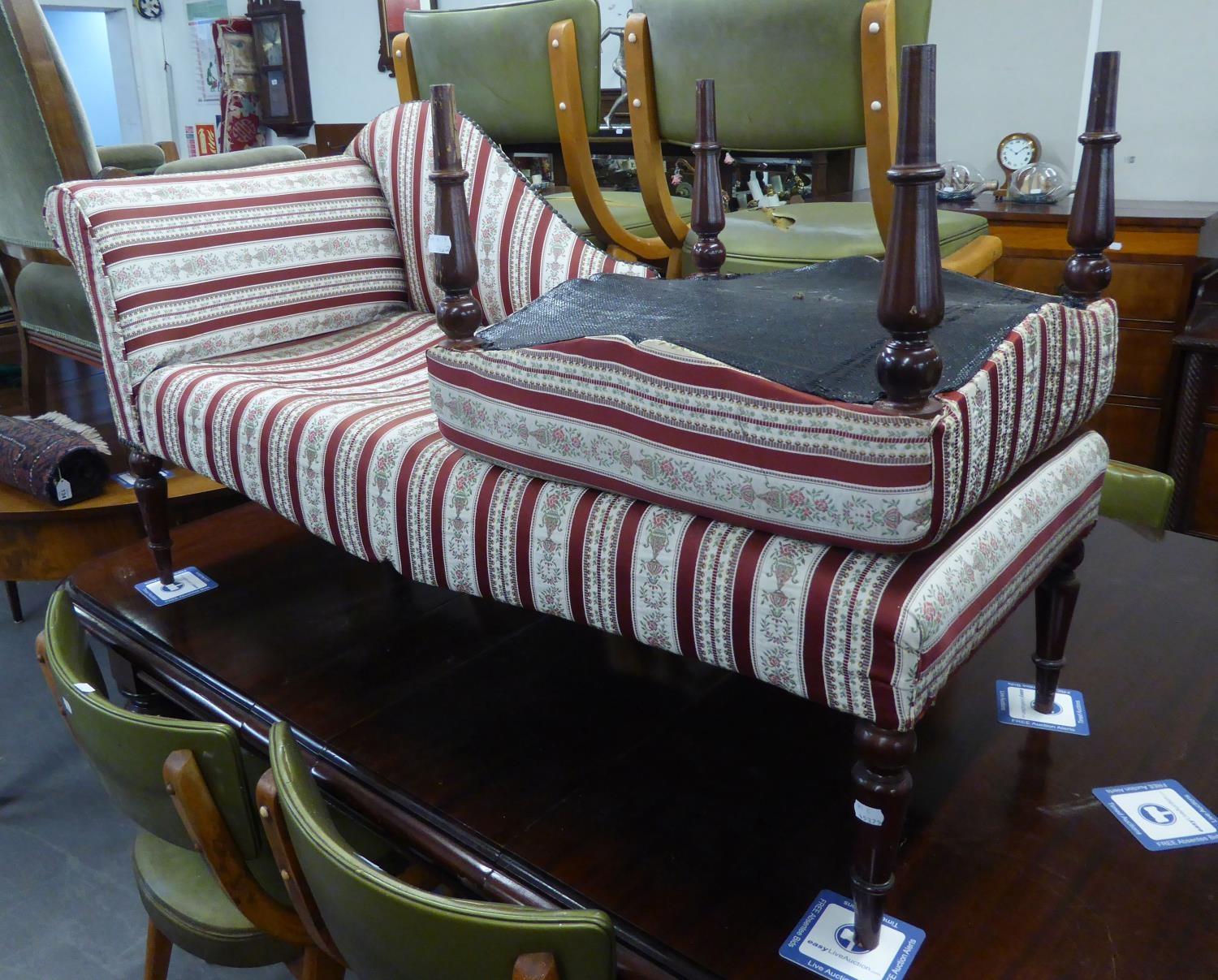 A SMALL CHAISE LONGUE WITH SINGLE SCROLL END AND HALF BACK AND THE MATCHING EXTENSION STOOL,