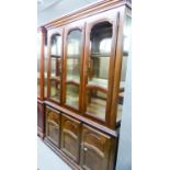 MAHOGANY DISPLAY CABINET/BOOKCASE WITH FIVE GLAZED DOORS, CENTRE GLAZED PANEL, CUPBOARD BASE (ONE