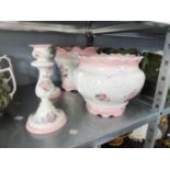 FOUR PIECES OF STAFFORDSHIRE 'OLD FOLEY' WARES TO INCLUDE CANDLE HOLDERS AND JARDINIERES, PINK AND