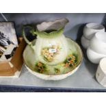 LARGE WASHBOWL AND WATE JUG, LIME GREEN AND YELLOW FLORAL DECORATION, 'GRIMWARE', STOKE ON TRENT