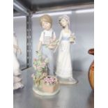 LLADRO SPAIN PORCELINA FIGURE OF A GIRL IN BONNET WITH POSY AND BASKET OF FLOWERS, 11" (27.9cm) HIGH