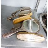 HALLMARKED SILVER BACKED DRESSING TABLE SET OF FIVE PIECES, ENGINE TURNED AND INITIALED 'M' (FAULTS)