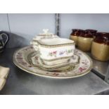 BRIDGWOOD POTTERY 'INDIAN TREE 'PATTERN OVAL MEAT DISH AND A PAIR OF TWO HANDLED SAUCER TUREENS,