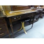 LATE 19TH CENTURY MAHOGANY WRITING TABLE WITH ONE LONG DRAWER ON FOUR TAPERING TURNED LEGS 3'3" X