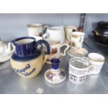 SEVEN CERAMIC ADVERTISING JUGS AND TANKARDS. THREE CERAMIC COMMEMORATIVE MUGS AND A CERAMIC "MOSS