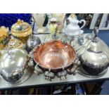 THREE OVAL ELECTROPLATE MEAT DISH COVERS AND A COPPER PEDESTAL PUNCH BOWL WITH TWELVE ELECTROPLATE