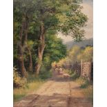 A GREENWOOD (Early 20th Century) OIL PAINTING ON BOARD Country lane with sheep Signed lower left
