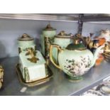 FIVE PIECES OF J. COWKING HAND PAINTED CHINA WARE, GREEN AND GOLD WITH FLORAL DECORATION TO