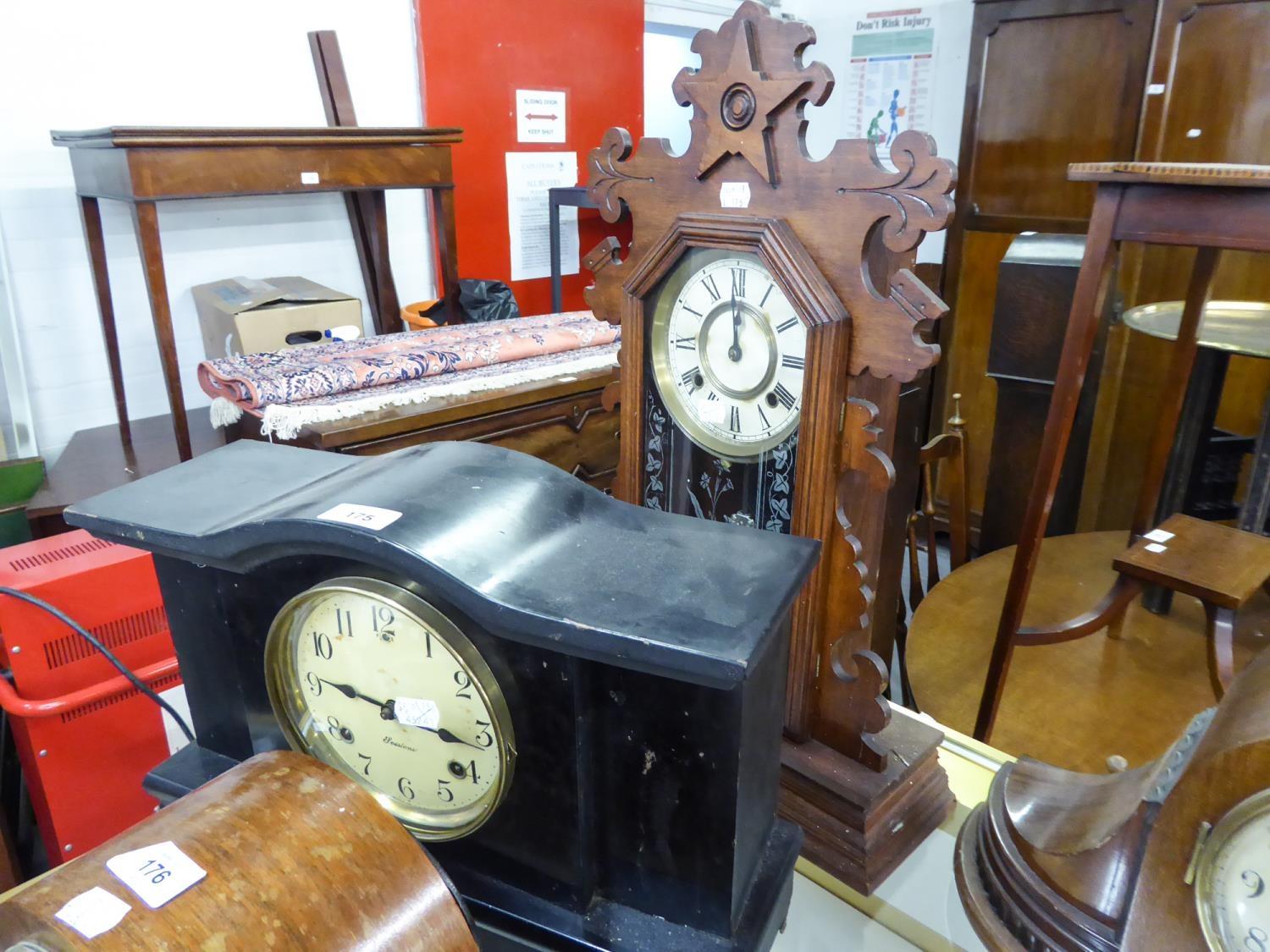 EARLY 20TH CENTURY EBONISED WOODEN CASED MANTEL CLOCK, THE AMERICAN MOVEMENT WITH ARABIC DIAL