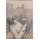 UNATTRIBUTED (MID TWENTIETH CENTURY, EUROPEAN SCHOOL) PEN AND INK, heightened Figure lying in bed