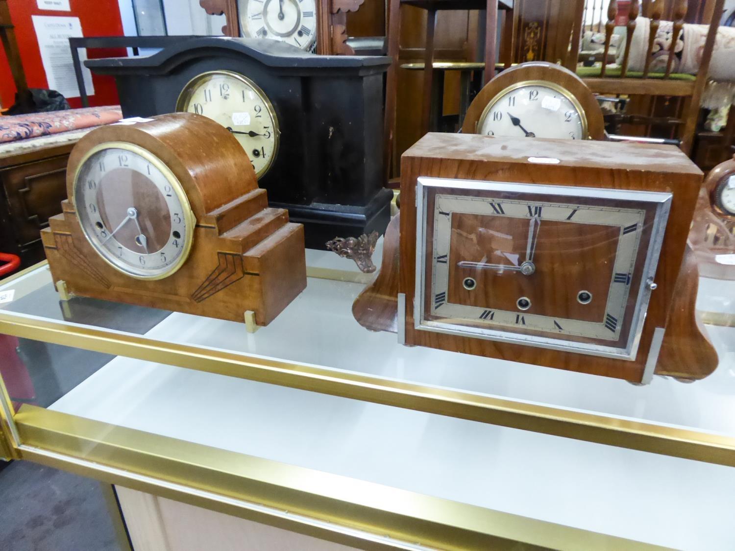 TWO 1930s ART DECO OAK AND WALNUT CASED MANTEL CLOCKS (2)