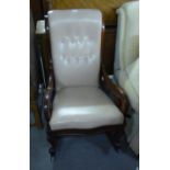 VICTORIAN MAHOGANY ROCKING CHAIR, WITH CREAM HIDE, BUTTON BACK OVER SEAT, SCROLL ARMS