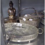 A SILVER PLATE OVAL HORS D' OEUVRES STAND WITH FRENCH GLASS INSERT, A WOVEN WINE BOTTLE BASKET AND A