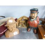 A CARVED WOODEN NATIVITY, A CARVED AND PAINTED WOOD FIGURE OF LENIN AND A PLAIN CARVED SOFT WOOD