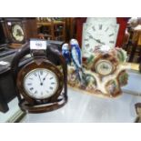 JEMA (HOLLAND) CERAMIC CASED CLOCK with two budgerigars, also an OAK PENDANT HORSESHOE AND STIRRUP