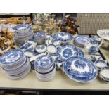 ENOCH WEDGWOOD 'AVON COTTAGE' PATTERN BLUE AND WHITE DINNER WARES, PLATES, CUPS, COFFEE AND