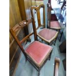PAIR OF EDWARDIAN CARVED WALNUT BEDROOM SINGLE CHAIRS WITH PAD SEATS AND A PAIR OF WALNUT QUEEN ANNE