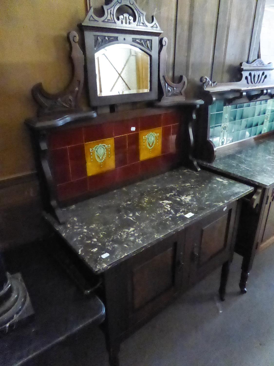 VICTORIAN CARVED WALNUT WASHSTAND WITH MIRRORED AND TILED BACK, GREY MARBLE TOP, TWO DOOR CUPBOARD