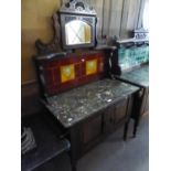 VICTORIAN CARVED WALNUT WASHSTAND WITH MIRRORED AND TILED BACK, GREY MARBLE TOP, TWO DOOR CUPBOARD