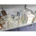 ?THREE VARIOUS WHEEL ENGRAVED GLASS VASES; TWO GLASS DECANTERS AND A QUANTITY OF VARIOUS DRINKING