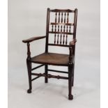 NINETEENTH CENTURY ELM AND FRUITWOOD SPINDLE BACK OPEN ARMCHAIR, the back with seventeen spindles in