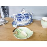 VICTORIAN ?CHATSWORTH? PATTERN BLUE AND WHITE POTTERY OVAL SAUCE TUREEN WITH COVER, LADLE AND STAND,