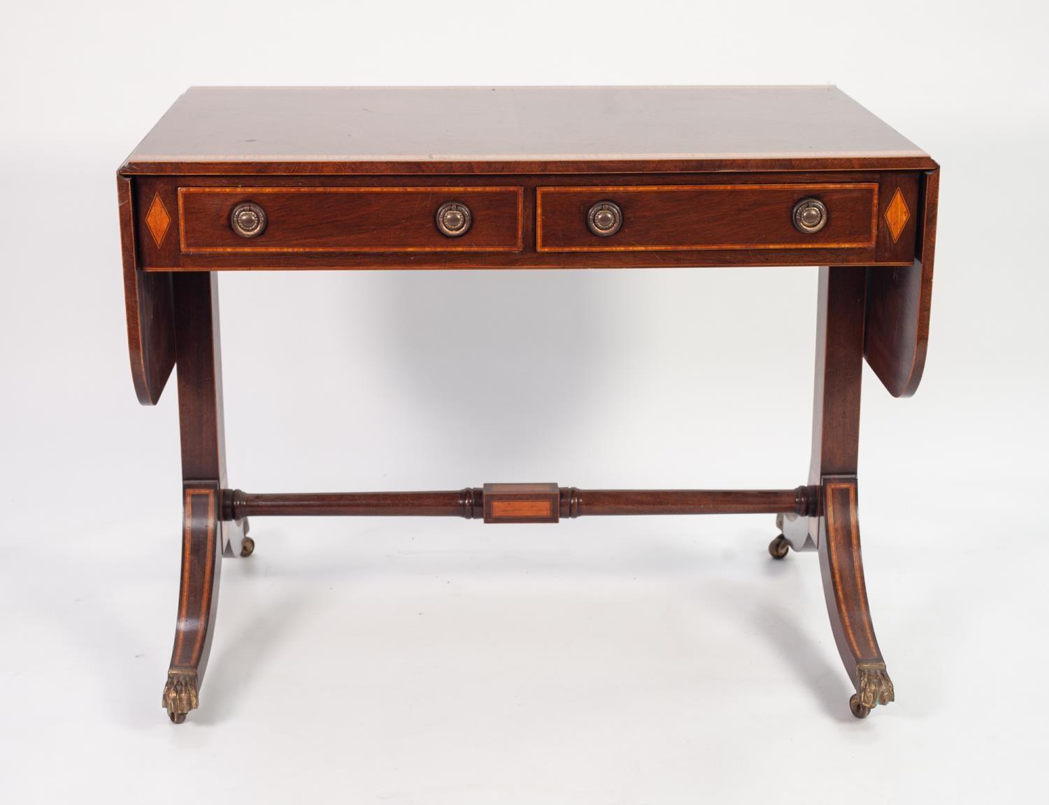 REGENCY STYLE REPRODUCTION SATINWOOD CROSSBANDED FIGURED MAHOGANY SOFA TABLE, of typical form with