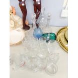 THREE CUT GLASS DECANTERS, MISCELLANEOUS DRINKING GLASSES AND TWO COLOURED GLASS ITEMS