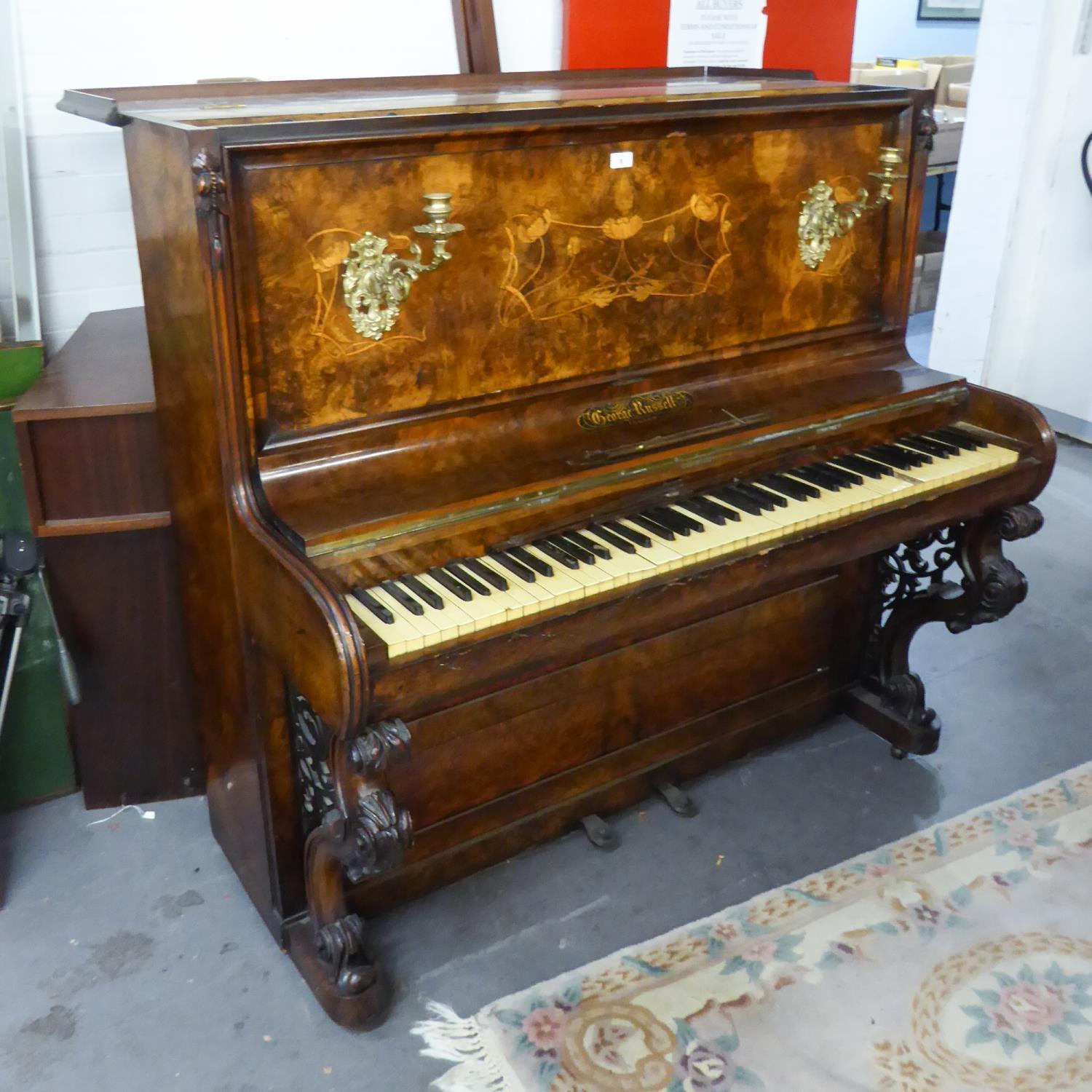 ?BURR WALNUT INLAID UPRIGHT PIANO WITH A PAIR OF BRASS SCONCES AND VERY ATTRACTIVE CARVED FRONT - Image 2 of 2