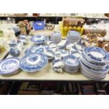 ENOCH WEDGWOOD 'AVON COTTAGE' PATTERN BLUE AND WHITE DINNER WARES, PLATES, CUPS, COFFEE AND