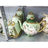 FIVE PIECES OF J. COWKING HAND PAINTED CHINA WARE, GREEN AND GOLD WITH FLORAL DECORATION TO