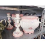 FOUR PIECES OF STAFFORDSHIRE 'OLD FOLEY' WARES TO INCLUDE CANDLE HOLDERS AND JARDINIERES, PINK AND