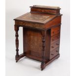 VICTORIAN MARQUETRY INLAID ROSEWOOD DAVENPORT, of typical form with galleried and lidded