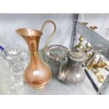 COPPER EWER AND A PETWER COFFEE POT (2)
