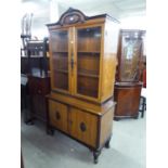 20TH CENTURY OAK DISPLAY CABINET ON CUPBOARD BASE, ALL RAISED ON CABRIOLE SUPPORTS
