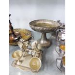 ELECTROPLATE EGGCUP AND SPOON STAND AND A FRUIT BOWL, RAISED ON STAND