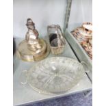 A SILVER PLATE OVAL HORS D' OEUVRES STAND WITH FRENCH GLASS INSERT, A WOVEN WINE BOTTLE BASKET AND A