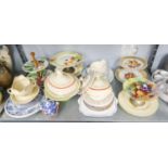 QUANTITY OF CERAMICS CAKE STANDS, 'WOOD & SONS' YUAN PLATES, ROYALE TUDOR WARE PLATES, MEAKIN