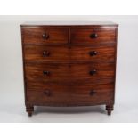 EARLY VICTORIAN MAHOGANY BOW FRONTED CHEST OF DRAWERS, the shaped top above two short and three long
