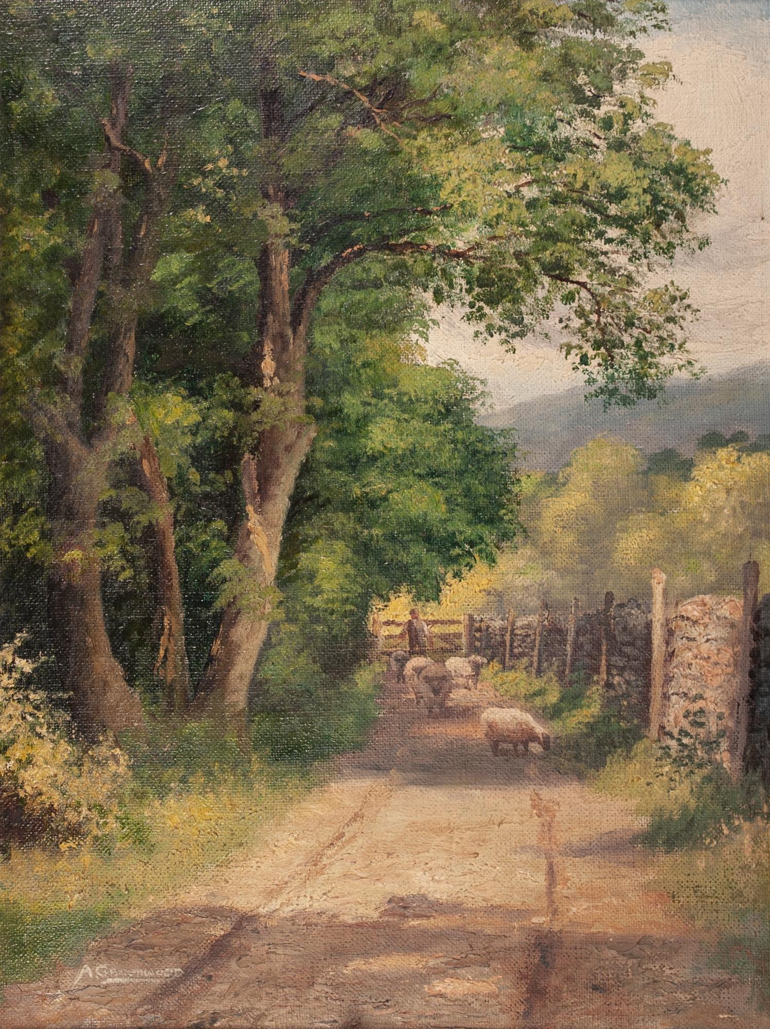 A GREENWOOD (Early 20th Century) OIL PAINTING ON BOARD Country lane with sheep Signed lower left