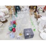 QUANTITY OF GLASSWARE'S TO INCLUDE WINES TWO DECANTERS, A WATERFORD CRYSTAL DESK CLOCK AND A