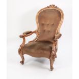 VICTORIAN CARVED BLEACHED WALNUT GENTLEMAN?S EASY OPEN ARMCHAIR, the moulded show-wood frame with
