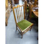 SET OF 10 HARDWOOD SINGLE CHAIRS EACH WITH TALL FIVE SPINDLE BACKS. DROP IN SEATS IN MOSS GREEN