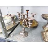SILVER PLATE CANDELABRA HAVING FOUR SCROLL ARMS AND CENTRAL SCONCE