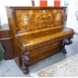 ?BURR WALNUT INLAID UPRIGHT PIANO WITH A PAIR OF BRASS SCONCES AND VERY ATTRACTIVE CARVED FRONT