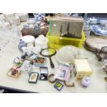 MIXED LOT TO INCLUDE A LARGE POTTERY SLEEPING CAT, BIRD ORNAMENTS, SELECTION OF COSTUME JEWELLERY,