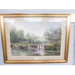 J K WHITTON PASTEL WOODEN BRIDGE, RIVER LANDSCAPE 14 1/2" X 21"