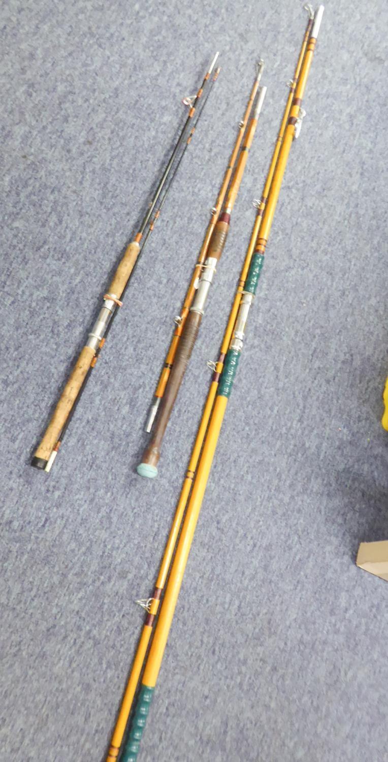 ?THREE SEA FISHING RODS, NIKKO AMERICAN SPLIT CANE BOAT ROD 6ft LONG TWO PIECE, A TWO PIECE BEACH