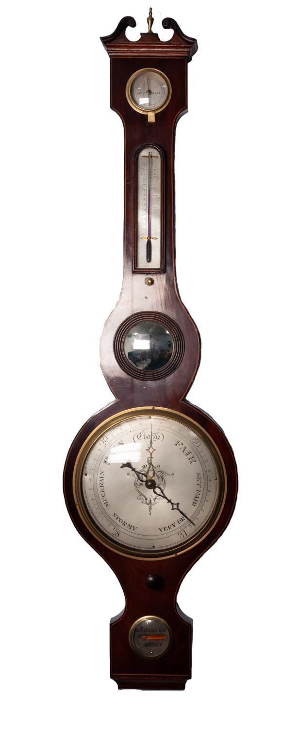 19TH CENTURY MAHOGANY BANJO SHAPED BAROMETER AND THERMOMETER